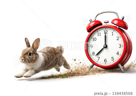 Rabbit running from alarm clock on white background. Space for text. 138438508