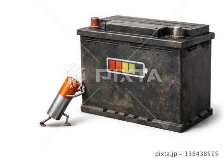 A small battery pushes a large car battery. Space for text. A small battery pushes a large car battery. Space for text. 138438515