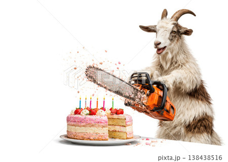 A goat cuts a birthday cake with a chainsaw. Space for text. 138438516
