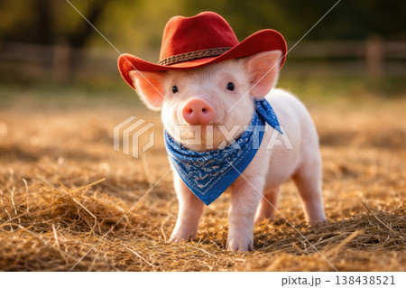 Pig in a red hat and a blue bandana on straw. 138438521