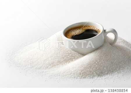 A cup of black coffee in a pile of white sugar. Space for text. A cup of black coffee in a pile of white sugar. Space for text. 138438854