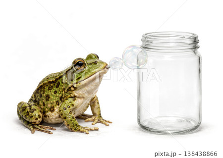 A frog blows soap bubbles next to a glass jar. Space for text. 138438866