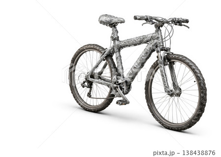 A bicycle completely wrapped in gray adhesive tape, on a light background. Space for text. A bicycle completely wrapped in gray adhesive tape, on a light background. Space for text. 138438876