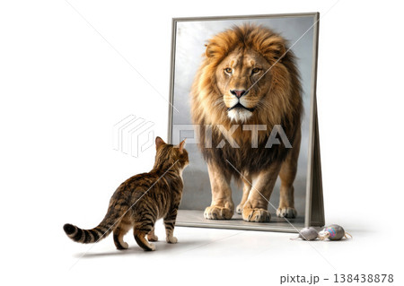 The cat looks in the mirror with the reflection of a lion. Space for text. 138438878