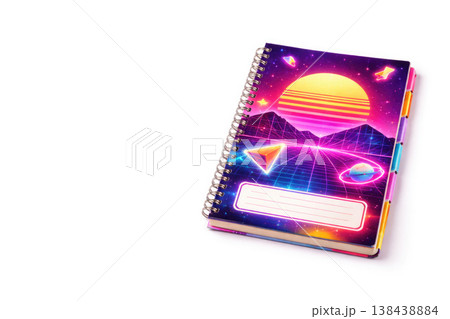 A spiral notebook with a neon space pattern on the cover. Space for text. A spiral notebook with a neon space pattern on the cover. Space for text. 138438884