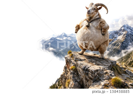 A stout goat with a bell on a mountain rock. Space for text. A stout goat with a bell on a mountain rock. Space for text. 138438885