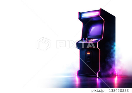 Neon arcade machine with lights and smoke. Space for text. 138438888