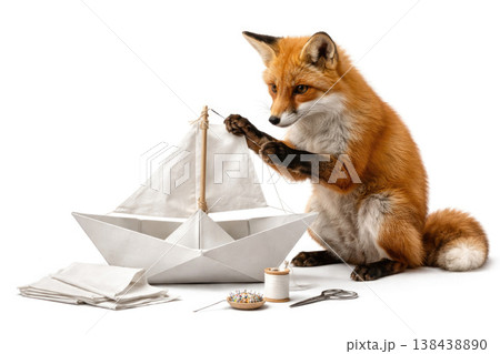 Fox assembling a white paper boat on a light background. Space for text. Fox assembling a white paper boat on a light background. Space for text. 138438890