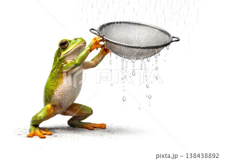 A green frog holding a metal colander in the rain. Space for text. A green frog holding a metal colander in the rain. Space for text. 138438892