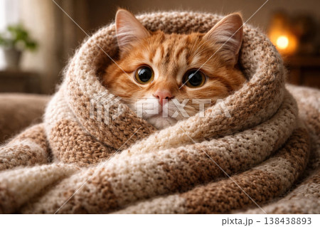 A red-haired kitten wrapped in a knitted blanket close-up. A red-haired kitten wrapped in a knitted blanket close-up. 138438893