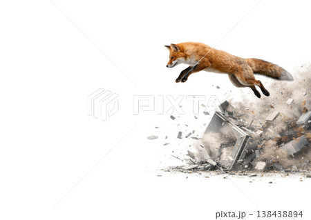 A red fox jumps over the wreckage on a white background. Space for text. A red fox jumps over the wreckage on a white background. Space for text. 138438894