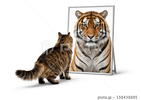 Domestic cat in front of tiger portrait on white background. Space for text. Domestic cat in front of tiger portrait on white background. Space for text. 138438895