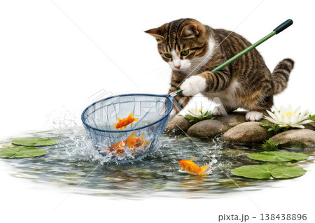 A striped cat catches goldfish with a net in a pond with water lilies. Space for text. A striped cat catches goldfish with a net in a pond with water lilies. Space for text. 138438896