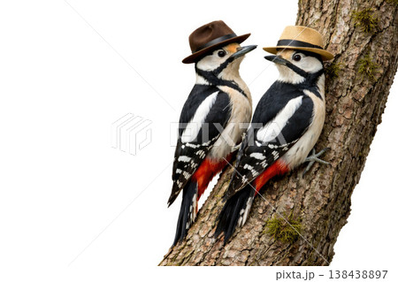 Two woodpeckers in hats are sitting on a tree trunk. Space for text. Two woodpeckers in hats are sitting on a tree trunk. Space for text. 138438897