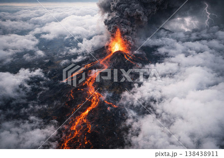 Volcanic eruption with lava flows among the clouds. Volcanic eruption with lava flows among the clouds. 138438911