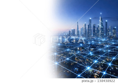 A modern night city with a digital communication network. Space for text. 138438922