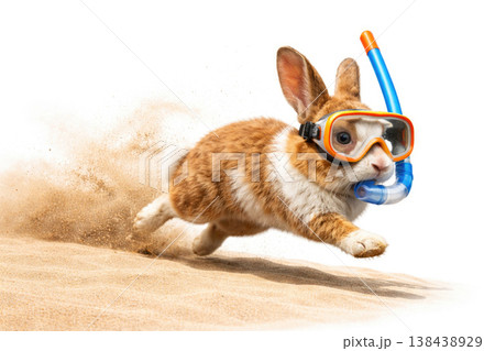 Rabbit in swimming mask running on sand. Space for text. Rabbit in swimming mask running on sand. Space for text. 138438929