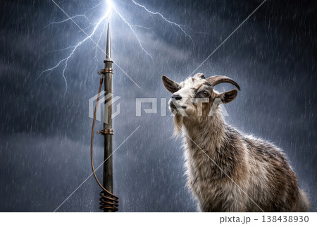 A wet goat next to a lightning rod under lightning and rain. 138438930