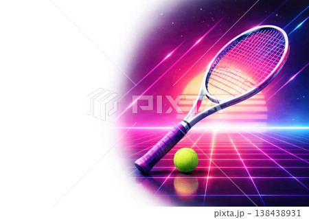 A tennis racket and a ball on a neon court. Space for text. A tennis racket and a ball on a neon court. Space for text. 138438931
