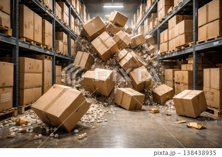 Collapsed cardboard boxes in the warehouse between the racks. Collapsed cardboard boxes in the warehouse between the racks. 138438935
