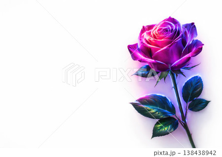 Purple rose with neon lighting on a light background. Space for text. 138438942