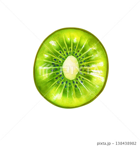 Watercolor illustration of a round juicy kiwi slice. Vibrant green flesh with detailed black seeds and core. Isolated on white. Botanical element for healthy food concepts, smoothie recipes, fresh Watercolor illustration of a round juicy kiwi slice. Vibrant green flesh with detailed black seeds and core. Isolated on white. Botanical element for healthy food concepts, smoothie recipes, fresh 138438982