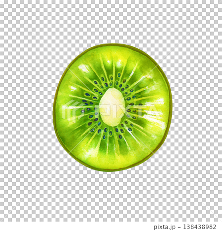 Watercolor illustration of a round juicy kiwi slice. Vibrant green flesh with detailed black seeds and core. Isolated on white. Botanical element for healthy food concepts, smoothie recipes, fresh Watercolor illustration of a round juicy kiwi slice. Vibrant green flesh with detailed black seeds and core. Isolated on white. Botanical element for healthy food concepts, smoothie recipes, fresh 138438982