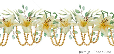 White lilies, green leaves and golden beads seamless border. Hand drawn watercolor illustration of delicate pastel flowers symbolizing purity. Suitable for textiles, invitations and cards. White lilies, green leaves and golden beads seamless border. Hand drawn watercolor illustration of delicate pastel flowers symbolizing purity. Suitable for textiles, invitations and cards. 138439068
