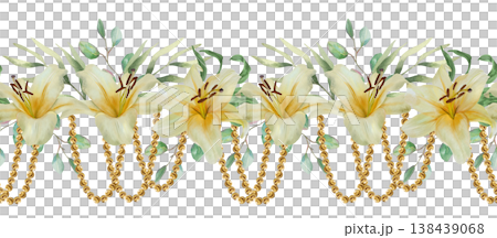 White lilies, green leaves and golden beads seamless border. Hand drawn watercolor illustration of delicate pastel flowers symbolizing purity. Suitable for textiles, invitations and cards. White lilies, green leaves and golden beads seamless border. Hand drawn watercolor illustration of delicate pastel flowers symbolizing purity. Suitable for textiles, invitations and cards. 138439068