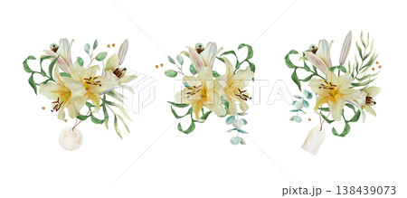 White lilies. Set of bouquets with tags. Hand drawn watercolor illustration of pastel flowers, isolated. Suitable for wedding invitations, birthday cards, Easter, funerals and baptisms. 138439073