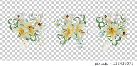 White lilies. Set of bouquets with tags. Hand drawn watercolor illustration of pastel flowers, isolated. Suitable for wedding invitations, birthday cards, Easter, funerals and baptisms. 138439073