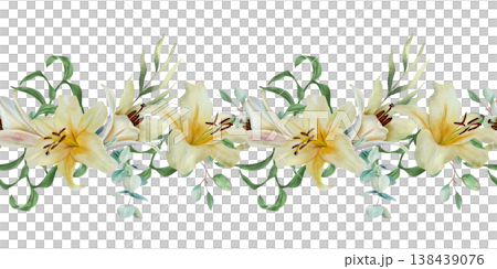 White lilies and green eucalyptus and palm leaves seamless border. Hand drawn watercolor illustration of delicate pastel flowers symbolizing purity. For textile design, wrapping paper and fabric. White lilies and green eucalyptus and palm leaves seamless border. Hand drawn watercolor illustration of delicate pastel flowers symbolizing purity. For textile design, wrapping paper and fabric. 138439076