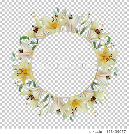 White lilies round frame. Hand drawn watercolor illustration of delicate pastel flowers, isolated. Suitable for wedding invitations, birthday cards, Easter, baptism and funeral cards. White lilies round frame. Hand drawn watercolor illustration of delicate pastel flowers, isolated. Suitable for wedding invitations, birthday cards, Easter, baptism and funeral cards. 138439077