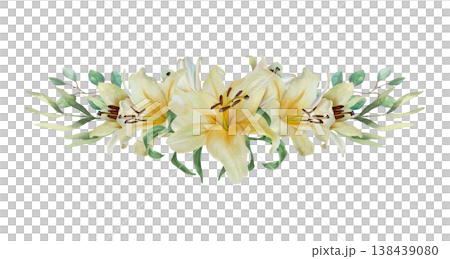 White lilies. Horizontal bouquet with a sprig of eucalyptus. Hand drawn watercolor illustration of pastel flowers, isolated. Suitable for wedding invitations, birthday cards, Easter and funerals. White lilies. Horizontal bouquet with a sprig of eucalyptus. Hand drawn watercolor illustration of pastel flowers, isolated. Suitable for wedding invitations, birthday cards, Easter and funerals. 138439080