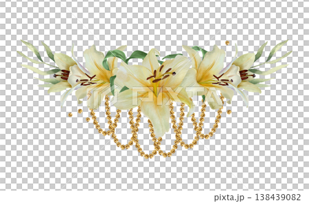 White lilies. Horizontal bouquet of delicate flowers with a sprig of eucalyptus and gold beads. Hand drawn watercolor illustration, isolated. Wedding invitations, birthday cards, Easter and funerals. 138439082