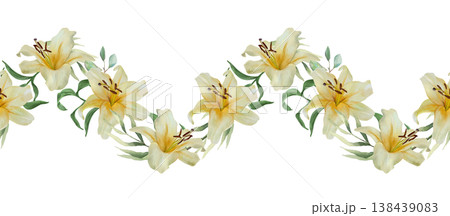 White lilies seamless border in a wave shape. Hand drawn watercolor illustration of delicate pastel flowers symbolizing purity. Suitable for textile design, wrapping paper, covers and fabric. White lilies seamless border in a wave shape. Hand drawn watercolor illustration of delicate pastel flowers symbolizing purity. Suitable for textile design, wrapping paper, covers and fabric. 138439083