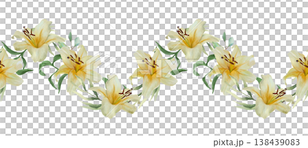 White lilies seamless border in a wave shape. Hand drawn watercolor illustration of delicate pastel flowers symbolizing purity. Suitable for textile design, wrapping paper, covers and fabric. White lilies seamless border in a wave shape. Hand drawn watercolor illustration of delicate pastel flowers symbolizing purity. Suitable for textile design, wrapping paper, covers and fabric. 138439083