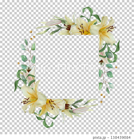 White lilies template. Hand drawn watercolor illustration of delicate pastel flowers, isolated. Suitable for wedding invitations, birthday cards, Easter and baptism banners. 138439084