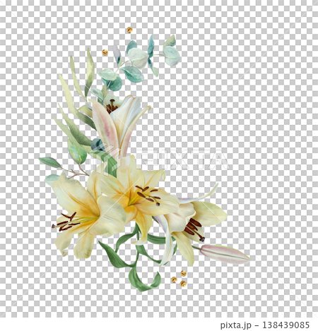 White lilies. Bouquet of delicate pastel flowers with a palm branch and eucalyptus. Hand drawn watercolor illustration, isolated. For wedding invitations, birthday cards, Easter and funerals. White lilies. Bouquet of delicate pastel flowers with a palm branch and eucalyptus. Hand drawn watercolor illustration, isolated. For wedding invitations, birthday cards, Easter and funerals. 138439085