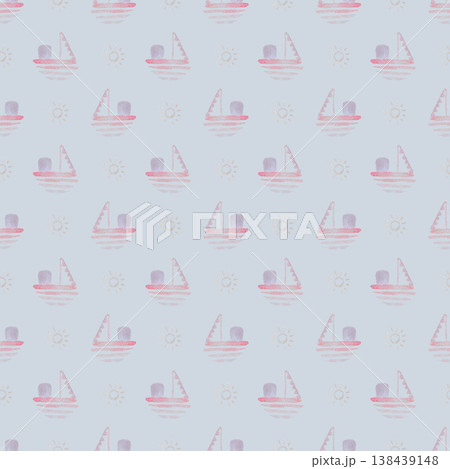 Seamless pattern with watercolor boats and suns Seamless pattern with watercolor boats and suns 138439148