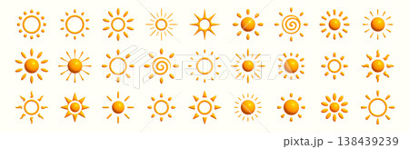 Sunny 3D Sun Icon Set like Flower Set. Summer Sunrice Collection for Bright Happy Vacation Logotype, Sunshine Day Weather Symbol, Solar Energy Logo Concept. Vector Illustration. Sunny 3D Sun Icon Set like Flower Set. Summer Sunrice Collection for Bright Happy Vacation Logotype, Sunshine Day Weather Symbol, Solar Energy Logo Concept. Vector Illustration. 138439239