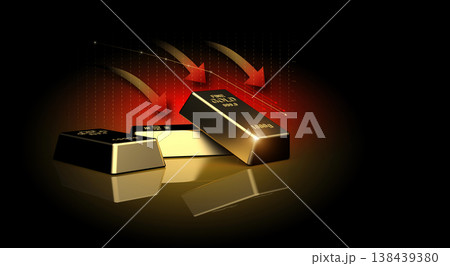 Descending gold market graph with gold bullion on a dark background. Descending gold market graph with gold bullion on a dark background. 138439380