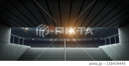 Entrance to modern soccer arena with crowded stands and tunnel stairs. Entrance to modern soccer arena with crowded stands and tunnel stairs. 138439445