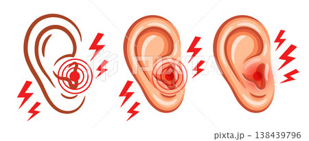 Ear pain, earache, human hearing organ health, otitis inflammation disease, deafness medical treatment, listen loud noise icon. Audible sound sensory perception problem. Ache, tinnitus symptom vector  138439796