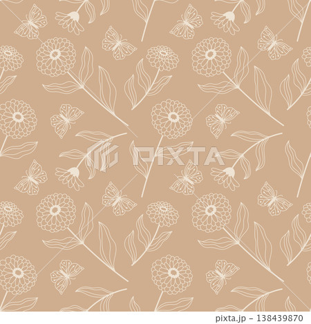 Seamless line art floral pattern with butterflies on beige background 138439870