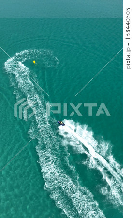 Top view of a boat in the sea on a sunny day in Tunisia, Mahdia drone view 138440505