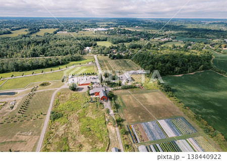 Countryside Farm Scene. Drone Captured Landscape Of Farm And Fields 138440922