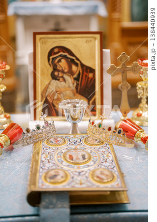 Traditional Orthodox Altar With Sacred Icons And Decorative Elements Traditional Orthodox Altar With Sacred Icons And Decorative Elements 138440939
