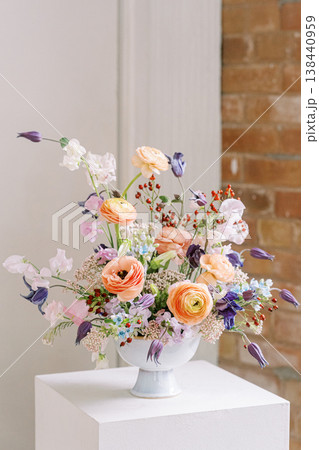 Pastel Colored Floral Arrangement With Natural Lighting Setup 138440959