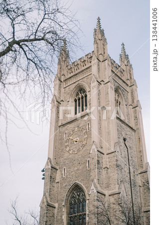 Historic Gothic Church Tower, Weathered Stone Steeple 138441006